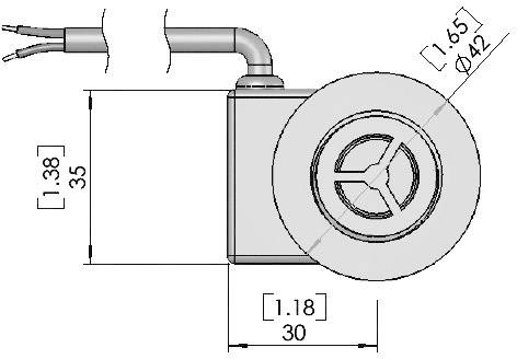 Technische tekening van een apparaat met ringvormig onderdeel en kabels. Afmetingen: 35 mm hoogte, 30 mm breedte, 42 mm buitendiameter.