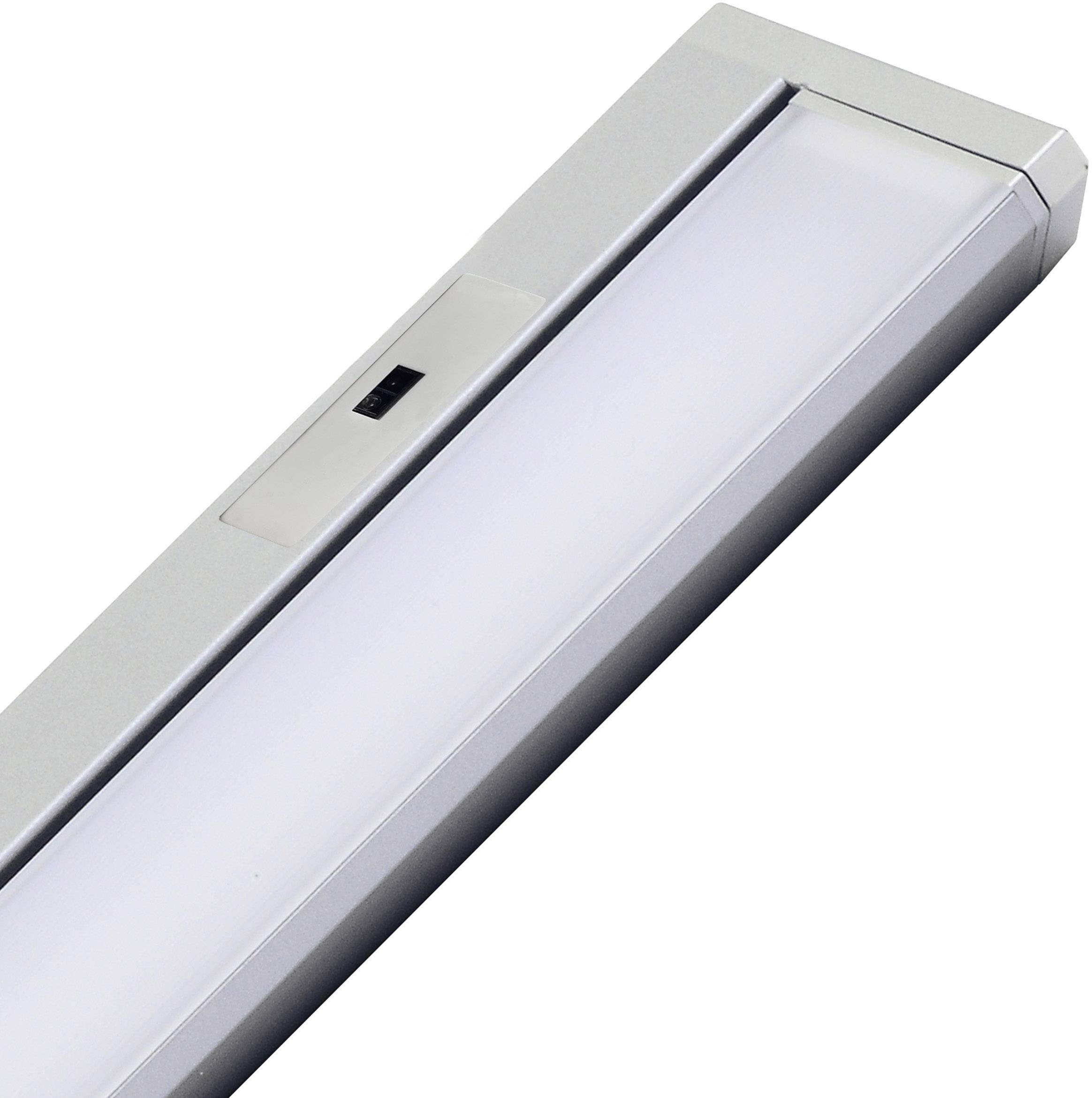 Led-lichtbalk met zilveren behuizing, rechthoekig, en mat afdekglas, geschikt voor onderverlichting of als accentverlichting.