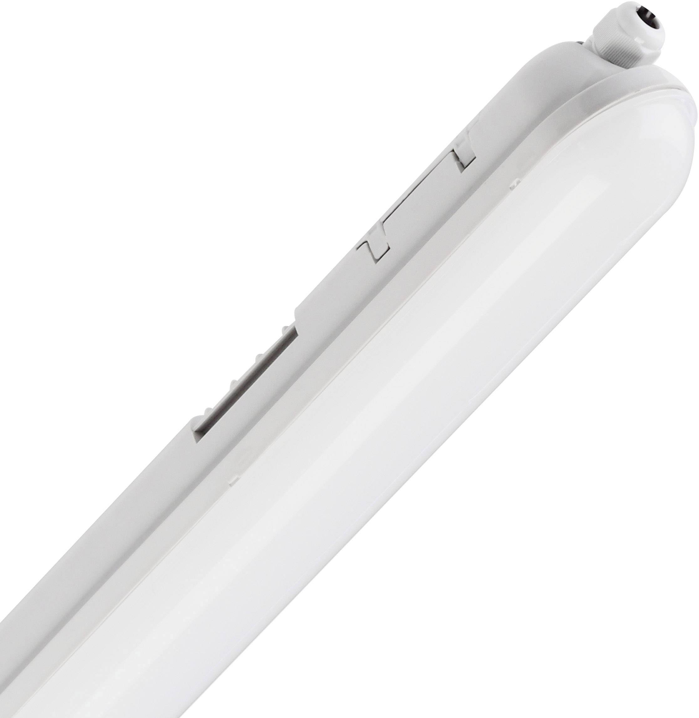 Een witte LED-lamp in langwerpige vorm, getoond in diagonaal perspectief op een witte achtergrond.