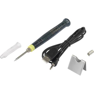 Soldeerboutset met afneembare USB-kabel, soldeerpunt, metalen standaard en beschermkap. Geschikt voor eenvoudige elektronische soldeerklussen.