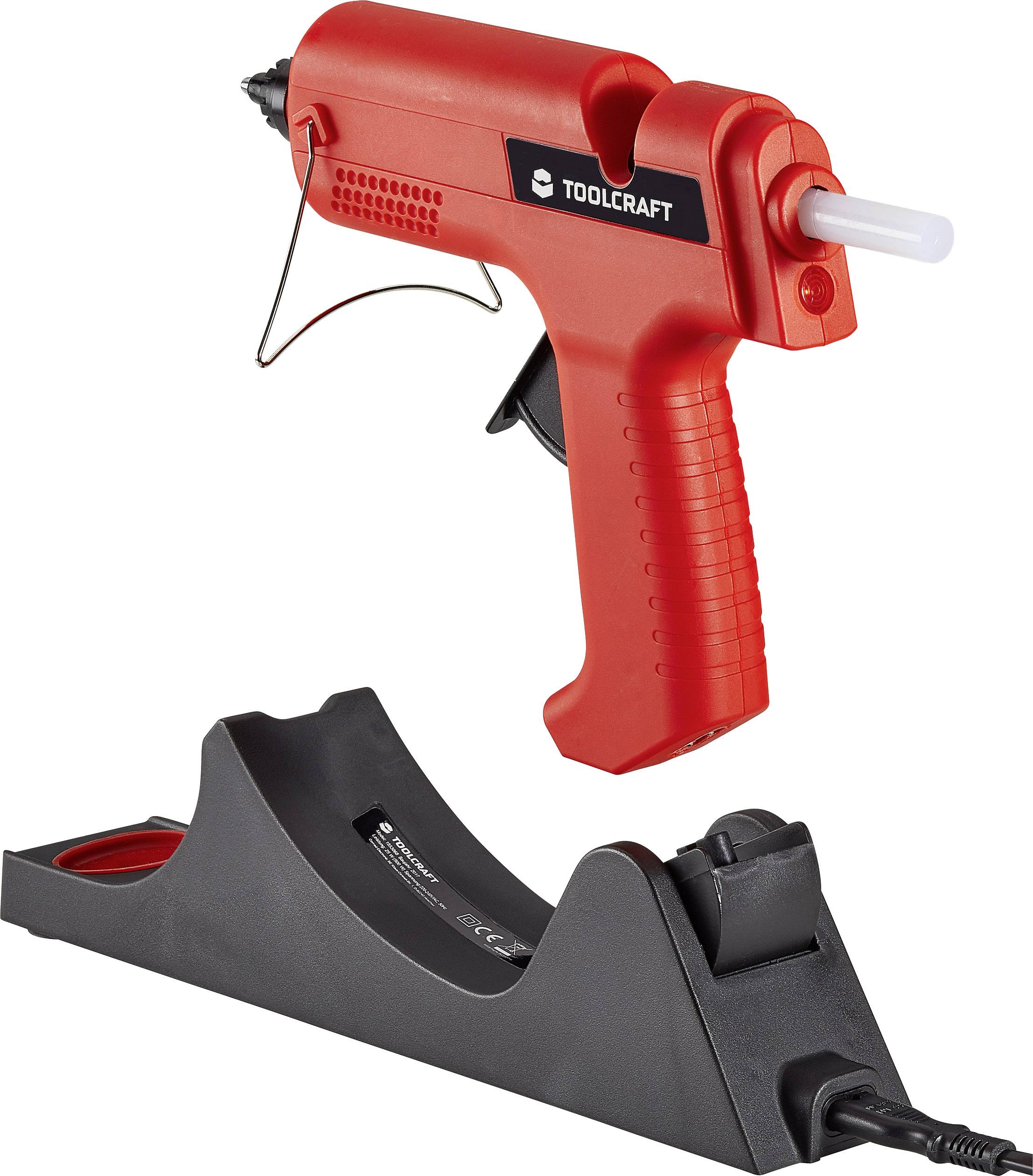 Elektrische lijmpistool in het rood op een zwart laadstation.