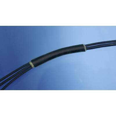 Een zwarte kabel met een verdeling in vier dunnere kabels tegen een blauwe achtergrond.