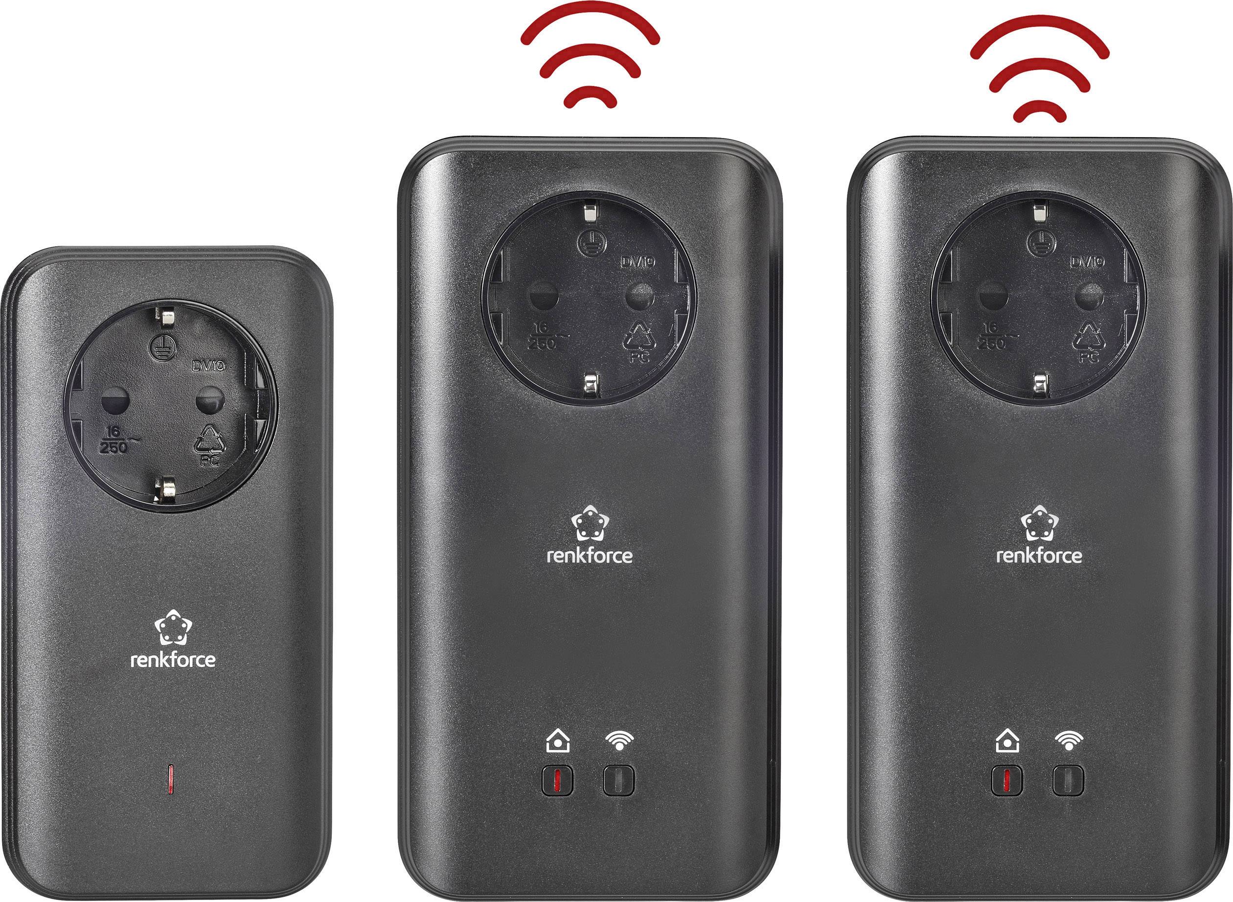 'Drie zwarte Powerline-adapters van renkforce met stopcontacten en WiFi-symbolen, voor uitbreiding van de netwerkverbinding via het elektriciteitsnet.'