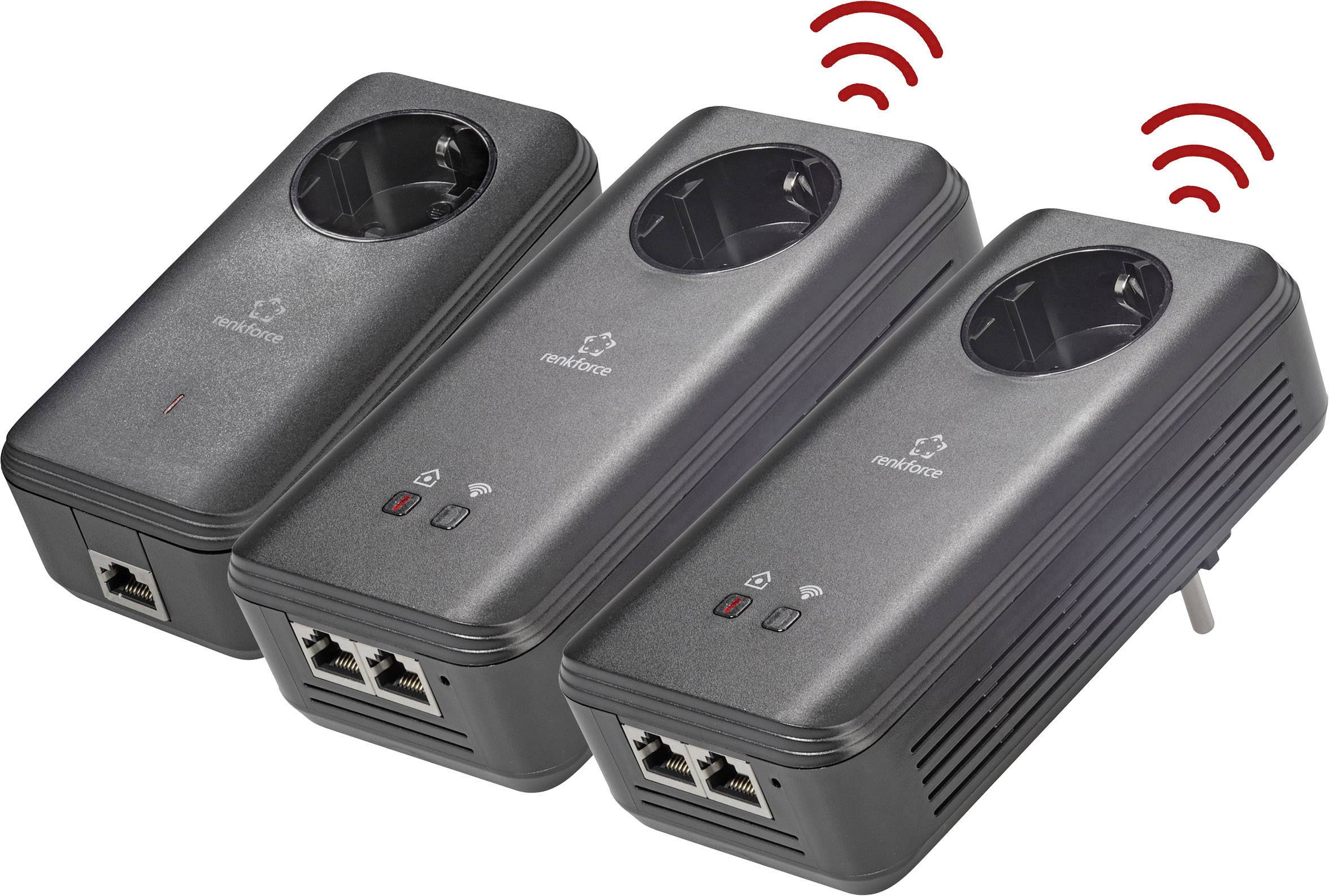 Drie zwarte Powerline-adapters met stopcontacten, Ethernet-aansluitingen en rode WiFi-symbolen, ter uitbreiding van het thuisnetwerk.
