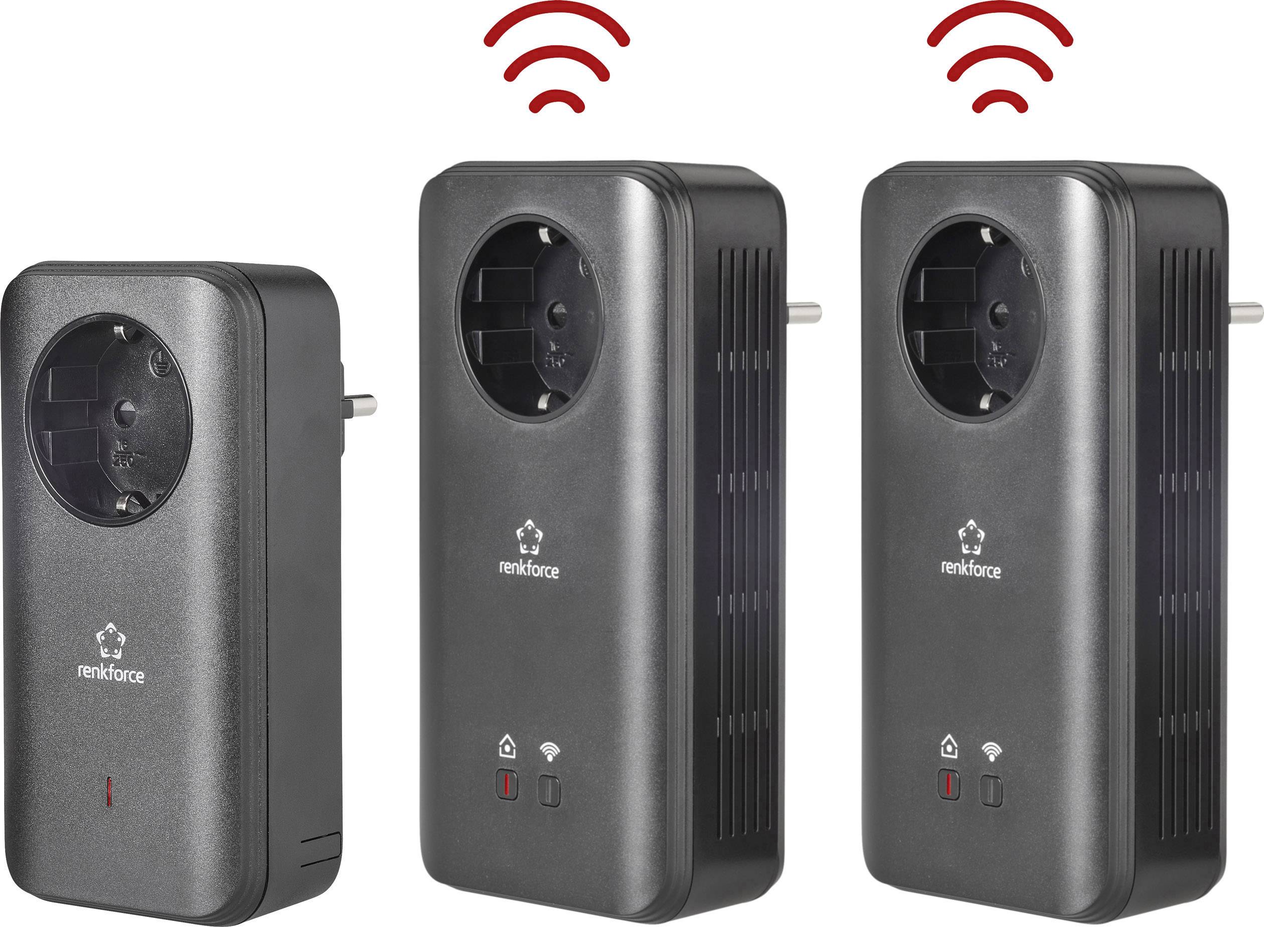 Drie zwarte Powerline-adapters met WiFi-symbolen die een draadloze verbinding aangeven. Links staat een enkel apparaat, rechts een set van twee.