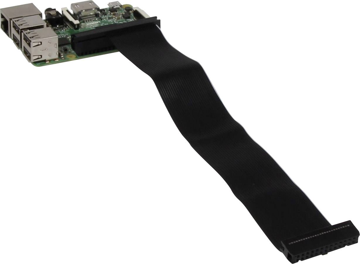 Een Raspberry Pi met aangesloten platte kabel voor GPIO-poorten, geschikt voor verschillende elektronica-projecten en -verbindingen.