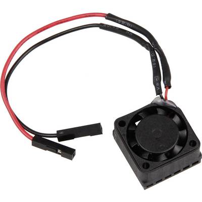 Kleine computerventilator met twee kabels, een rode en een zwarte, die elk eindigen in een kleine zwarte stekker.