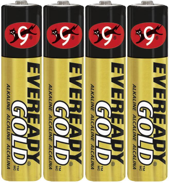 Vier 'Eveready Gold' Alkaline-batterijen op een rij, elk met het logo en de tekst op een zwarte en gouden achtergrond.
