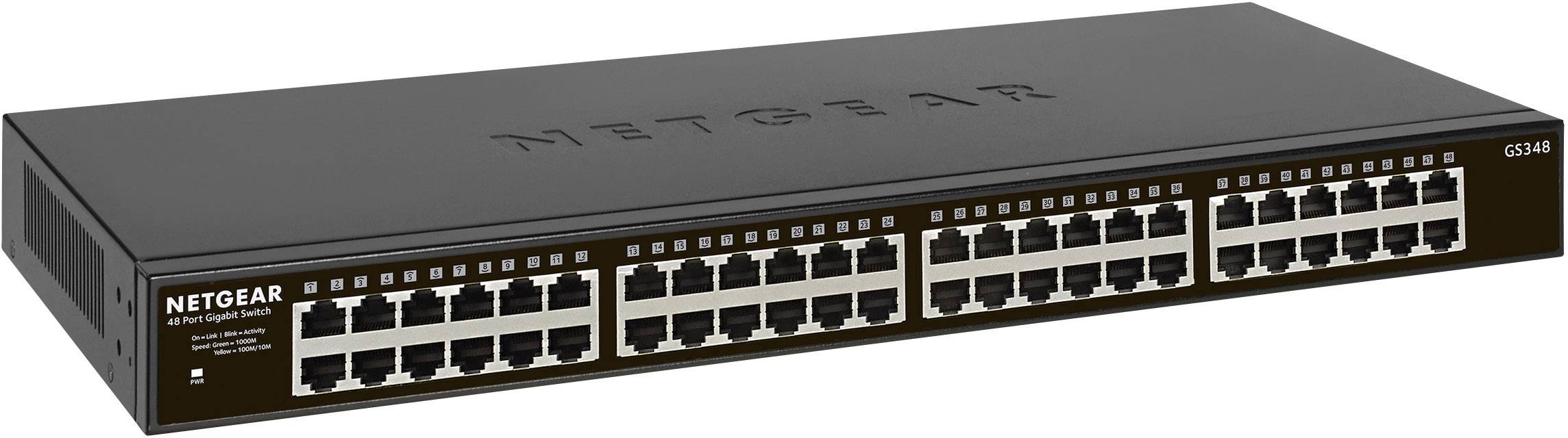 Een Netgear-switch met 48 Ethernet-poorten, modelnummer GS348. Voornamelijk geschikt voor kantooromgevingen.