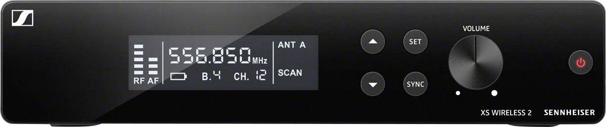 Een draadloze ontvanger met weergave voor RF-signaalsterkte en audiostatus. Toont kanaalinstellingen en frequentie van 556,850 MHz.