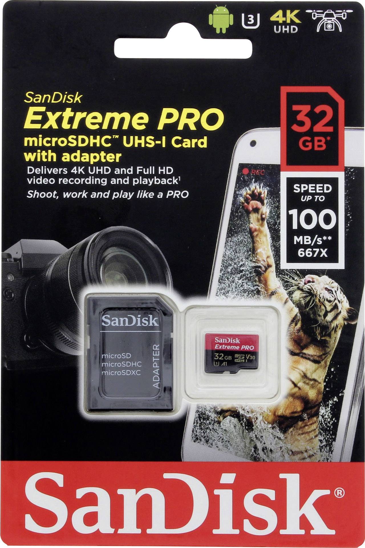 SanDisk Extreme PRO microSDHC UHS-I kaart met adapter, 32 GB, 100 MB/s. Geschikt voor 4K UHD en Full HD video-opnames en weergave.