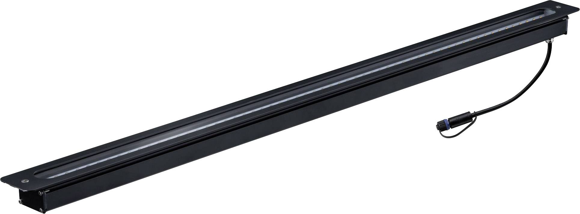 Zwarte LED-armatuur in langwerpige vorm met kabelaansluiting, geschikt voor verlichting van industriële of werkruimtes.