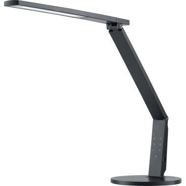 Een moderne, zwarte bureaulamp met een rechthoekige lampenkop en een scharnierende arm, die staat op een rond voetstuk.