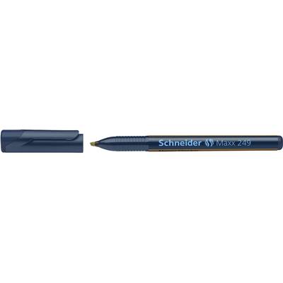 Donkerblauwe pen met afgenomen dop, toont de tekst 'Schneider Maxx 249' in witte letters.