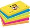 Een stapel kleurrijke post-it memoblaadjes in geel, blauw, groen en roze.