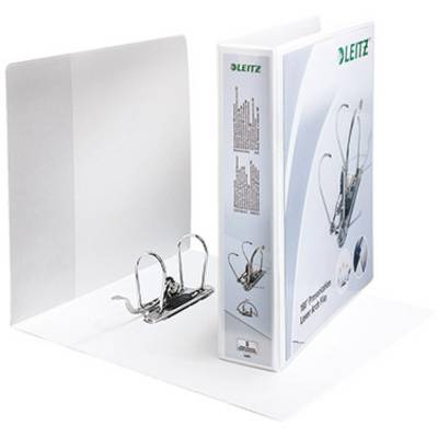 Een witte Leitz ordner met hefboombevestiging, getoond in open en gesloten toestand. De ordner heeft een etiket en metalen clips.