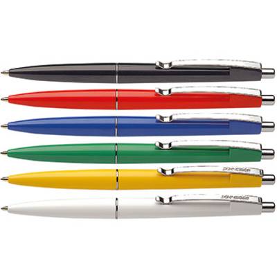 Zes balpennen in verschillende kleuren: Zwart, Rood, Blauw, Groen, Geel en Wit, telkens voorzien van een zilveren clip.