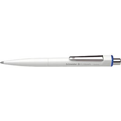 Een witte balpen met zilveren clip, waarop de naam 'Schneider K15 M Recycology Germany' is gedrukt.