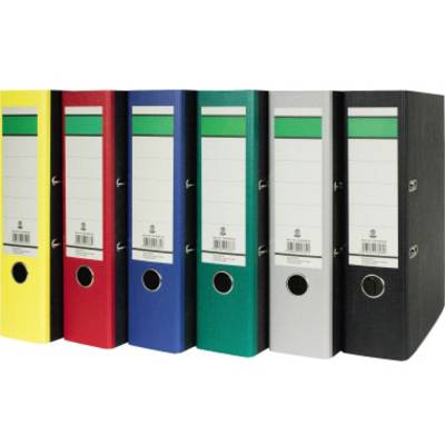 Zes ordners in verschillende kleuren (geel, rood, blauw, groen, grijs, zwart) staan naast elkaar uitgestald.