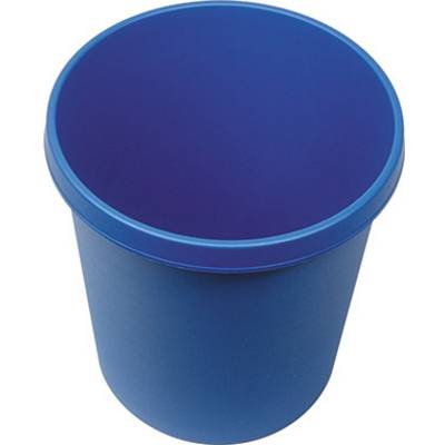 Een blauwe, cilindrische vuilnisemmer zonder deksel, gemaakt van kunststof, staat verticaal.