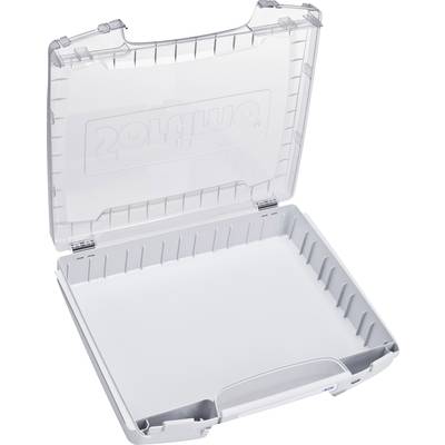 Een transparante kunststof opslagbox met open deksel, geschikt voor het opbergen van kleinere voorwerpen of gereedschappen.