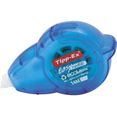 Blauwe correctieroller met de tekst 'Tipp-Ex Easy Refill ecolutions'. Bevat 14 meter band en is gemaakt van gerecycled plastic.