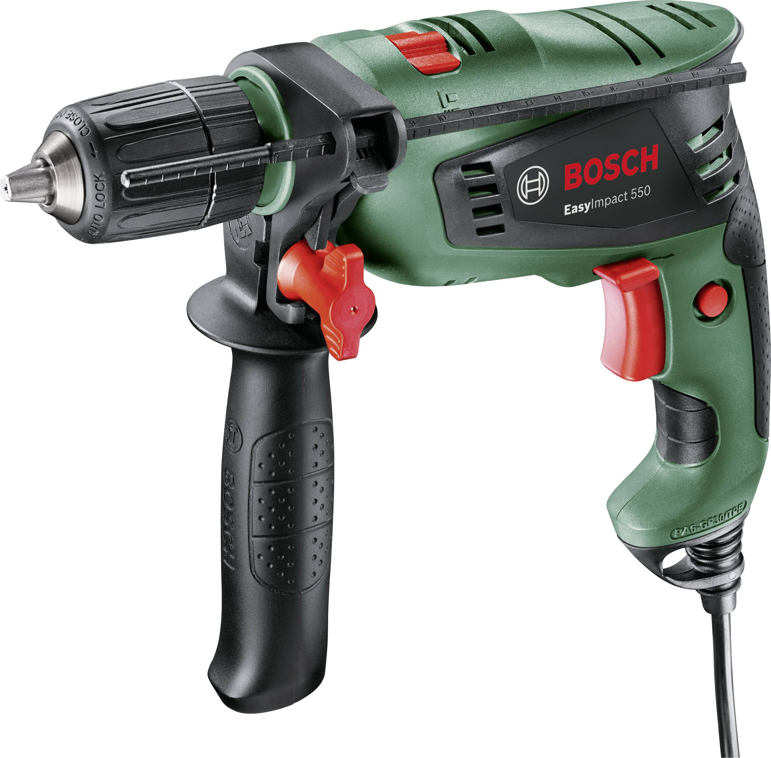 Bosch elektrische boormachine, model 'EasyImpact 550', in groen en zwart met rode schakelaar en ergonomische handgreep.