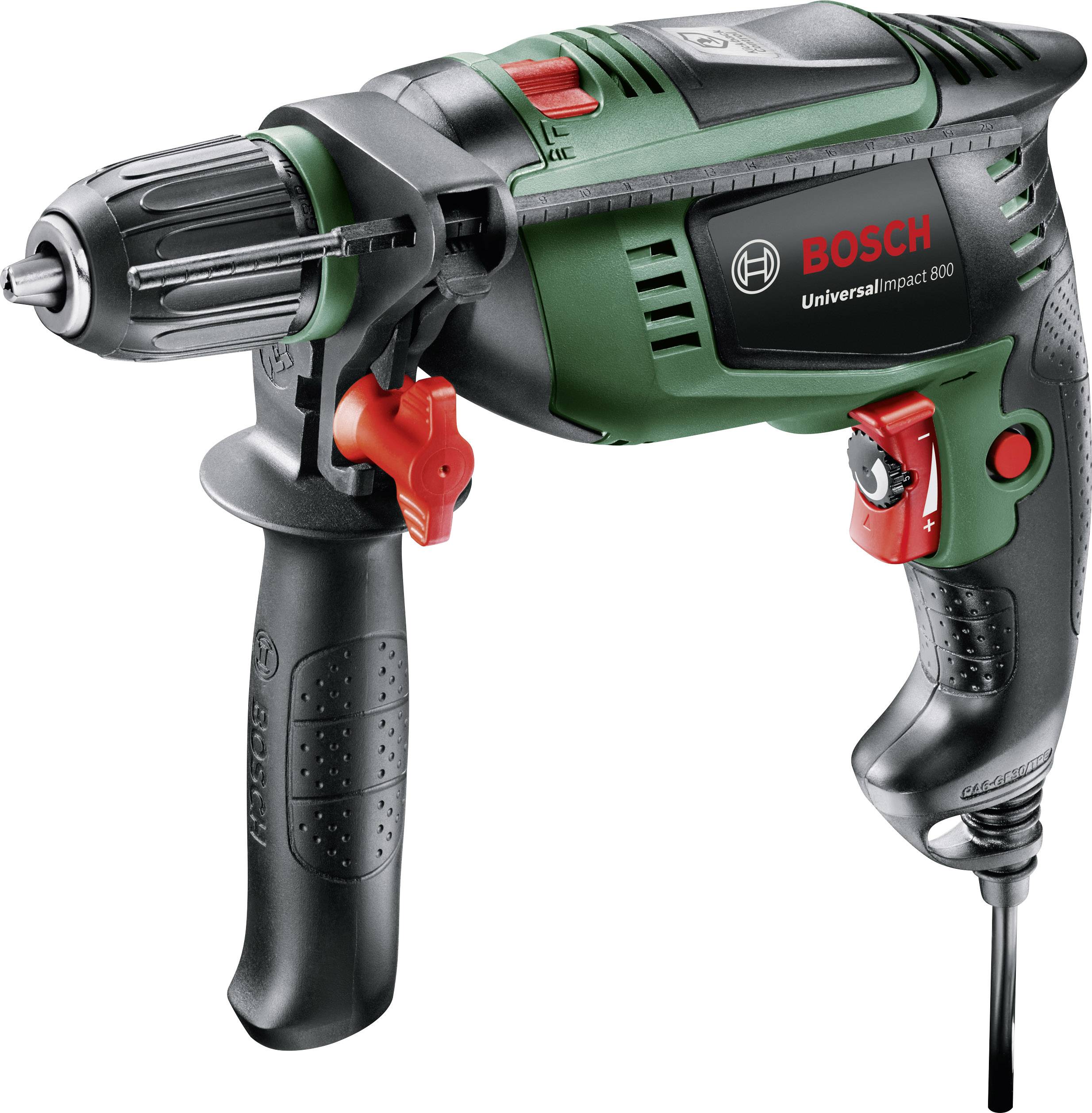 Een groene Bosch klopboormachine met zwarte handgreep en rode bedieningselementen, model 'UniversalImpact 800'.