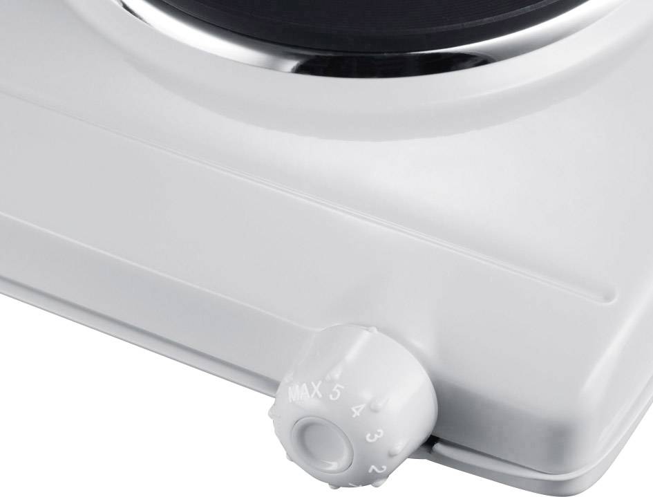 Een witte elektrische fornuis met een draaiknop die temperaturen van 'MIN' tot 'MAX' aangeeft.