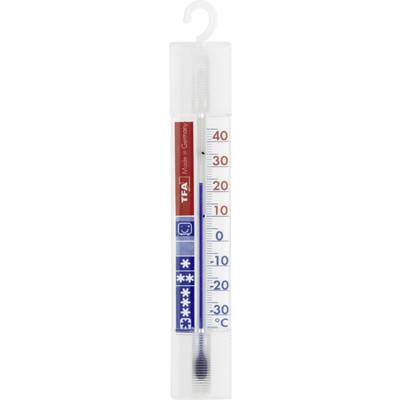 Thermometer met schaal van -30°C tot 40°C. Opschrift: 'TFA', met rode en blauwe gebieden, ijskristal- en zonnesymbolen.