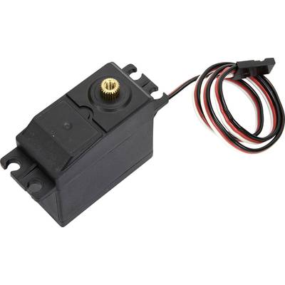 Zwarte RC-servo met metalen tandwielkast en rood-zwarte kabelaansluiting, een typisch onderdeel in modelbouw en robotica.