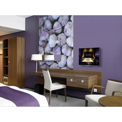 Hotelkamer met een paarse muur, een afbeelding van knoflook erboven. Houten meubels, een bureau met een lamp, een televisie aan de muur, een fauteuil ervoor.