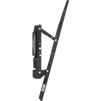 Een zwarte monitorsteun, zijdelings weergegeven, toont een stabiele metalen constructie met scharnieren voor hellingsinstelling.
