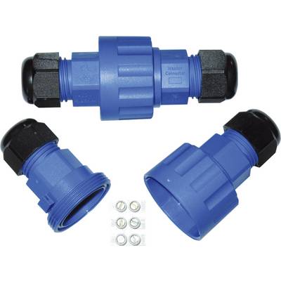 Drie blauwe buisverbindingen met zwarte eindkappen, centrale verbinder gemonteerd, twee gedemonteerd, bouten op de achtergrond.