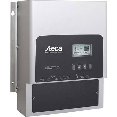 Zonne-energielader 'Steca MPPT Laadregelaar' met display. Toont spanning, stroomsterkte en overige systeemstatus.