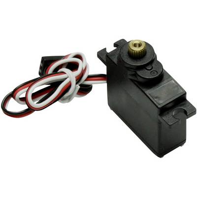 Een kleine zwarte servomotor met een metalen tandwiel en gekleurde draden, geschikt voor elektronische besturingsprojecten.