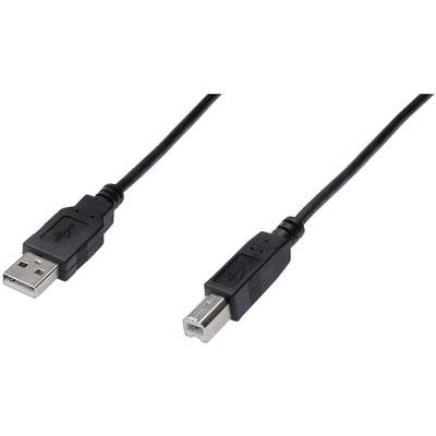 Twee zwarte USB-kabels: links een USB-A-stekker, rechts een USB-B-stekker, op een witte achtergrond.