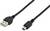 USB-kabel met standaard- en mini-USB-stekker, zwart. Gebruikt voor het verbinden en opladen van elektronische apparaten.
