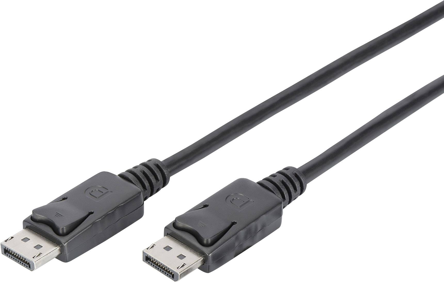 Twee zwarte DisplayPort-kabels met connectoren aan beide uiteinden op een witte achtergrond, gebruikt voor video- en audioverbindingen.