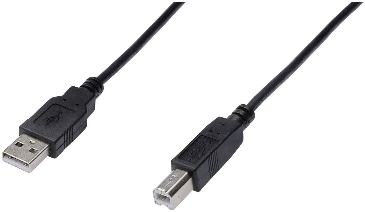 Een USB-kabel met een USB-A-stekker links en een USB-B-stekker rechts. Geschikt voor het aansluiten van apparaten op computers.
