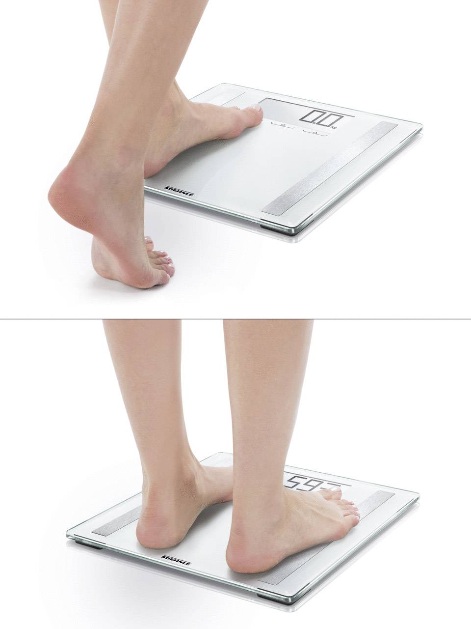 Een persoon stapt op een digitale weegschaal en het display toont het gewicht. De weegschaal heeft een glazen oppervlak.