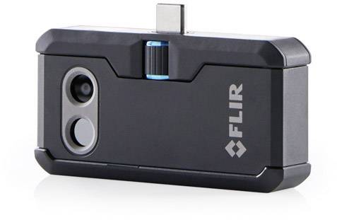 Een FLIR warmtebeeldcamera-opzetstuk met USB-aansluiting, dat bedoeld is voor smartphonecompatibiliteit. Het belangrijkste kenmerk is de warmtebeeldopname.