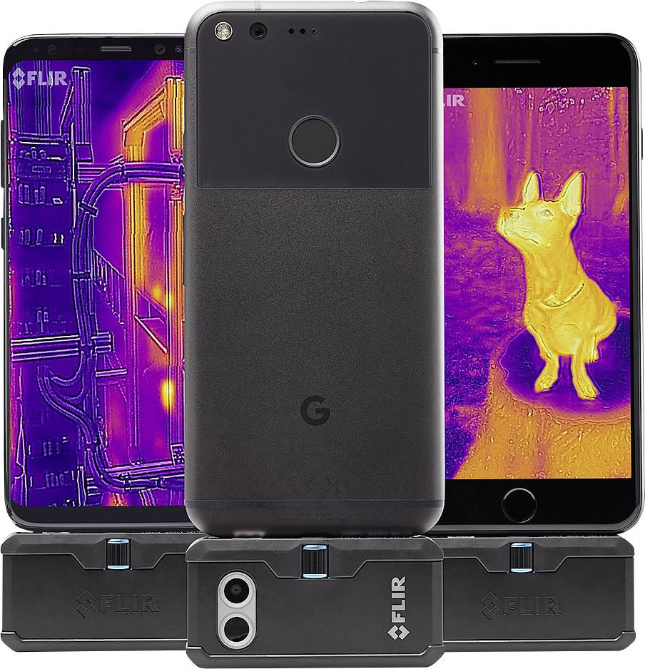 Drie smartphones met warmtebeeldcamera's die thermische beelden weergeven: een industriële scène en een hond.