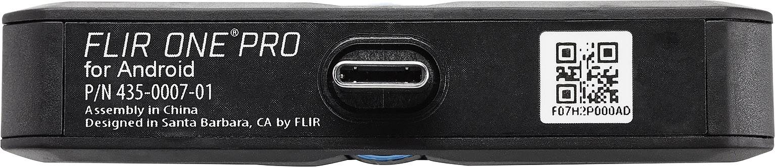 Warmtebeeldcamera 'FLIR ONE PRO voor Android', uitgerust met een USB-C-poort, ontworpen in Santa Barbara, geproduceerd in China.