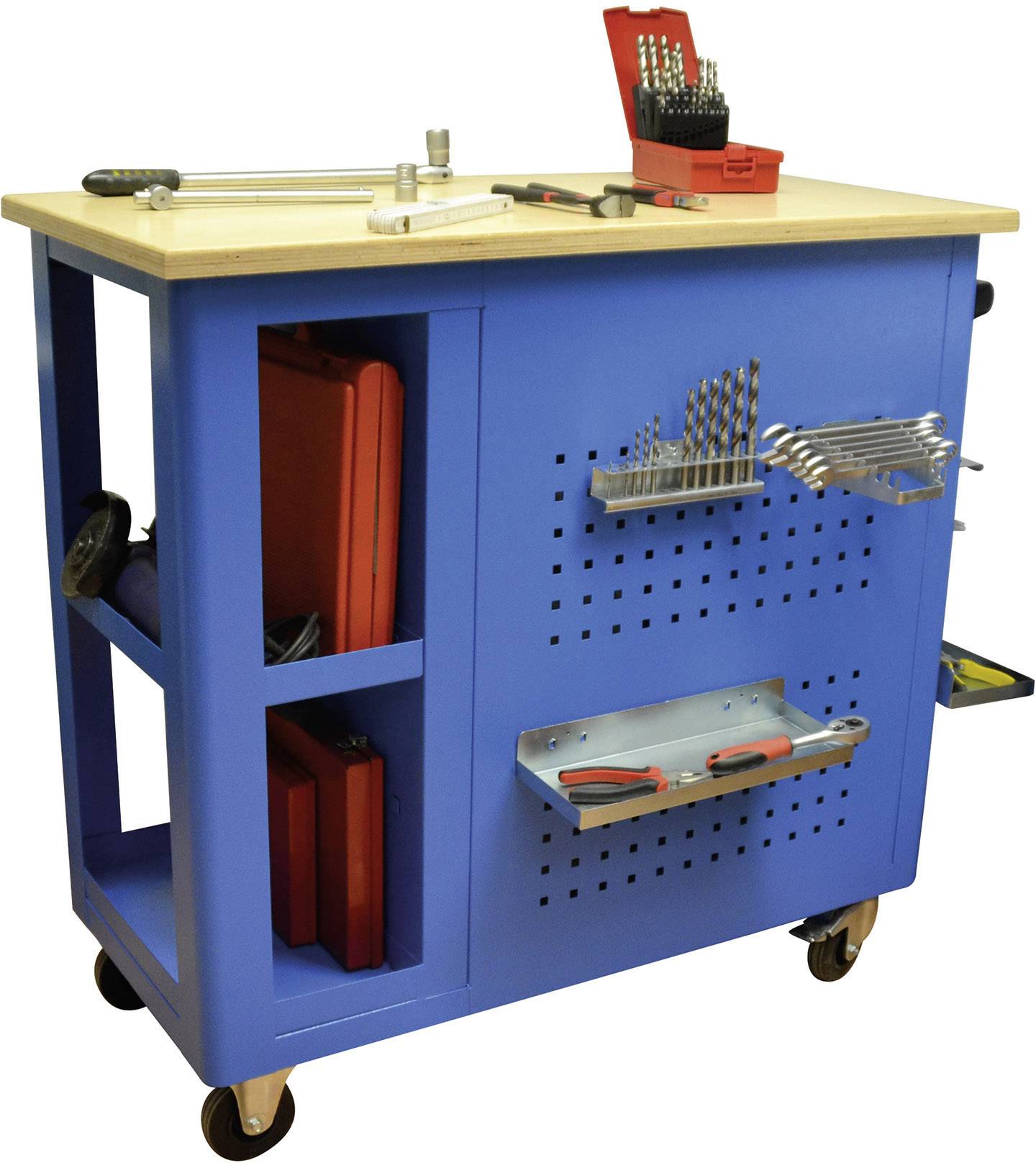 Blauwe gereedschapswagen met werkblad, gevuld met gereedschappen en toebehoren zoals boren, schroevendraaiers en rode opbergboxen.