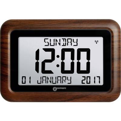Digitale klok met houten lijst toont 'Zondag, 12:00', datum '01 januari 2017'.