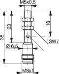 Technische tekening van een onderdeel met afmetingen: M5x0,5, lengte 38 mm, breedte 6,5 mm, M8x1, 23 mm sectie, SW7-markering.