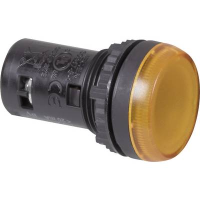 Gele controlelamp met zwarte behuizing, cilindrische vorm. Gebruikt voor het aanduiden van bedrijfstoestanden in elektrische apparaten.