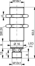 Technische tekening van een cilindrisch onderdeel; bovenzijde M16x1-schroefdraad, totale lengte 63,5 mm, onderzijde M12x1-schroefdraad, Ø 16 mm.