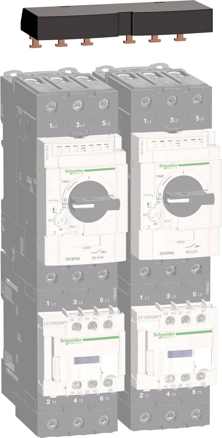 'Schneider Electric' apparatenset: Twee grijze schakeltoestellen boven elkaar, met schakelaars en aansluitingen. Bovenste sectie toont een zwarte aansluiting.